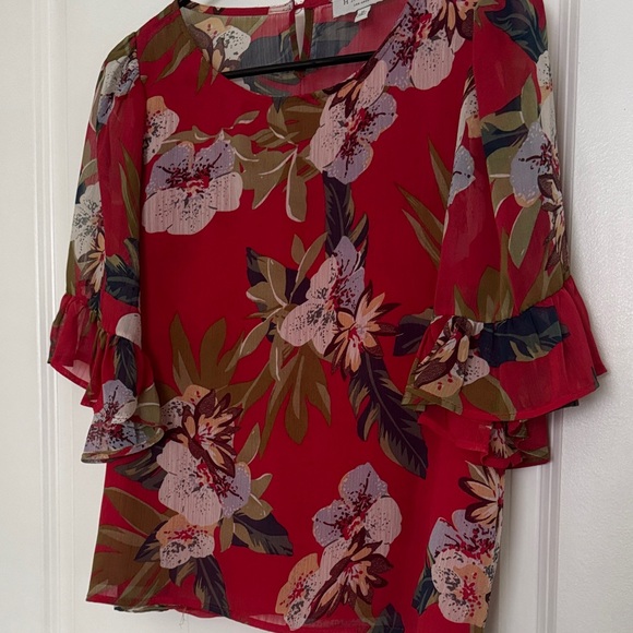 Hayden Tops - Hayden Red Floral Blouse with Ruffle Sleeves
